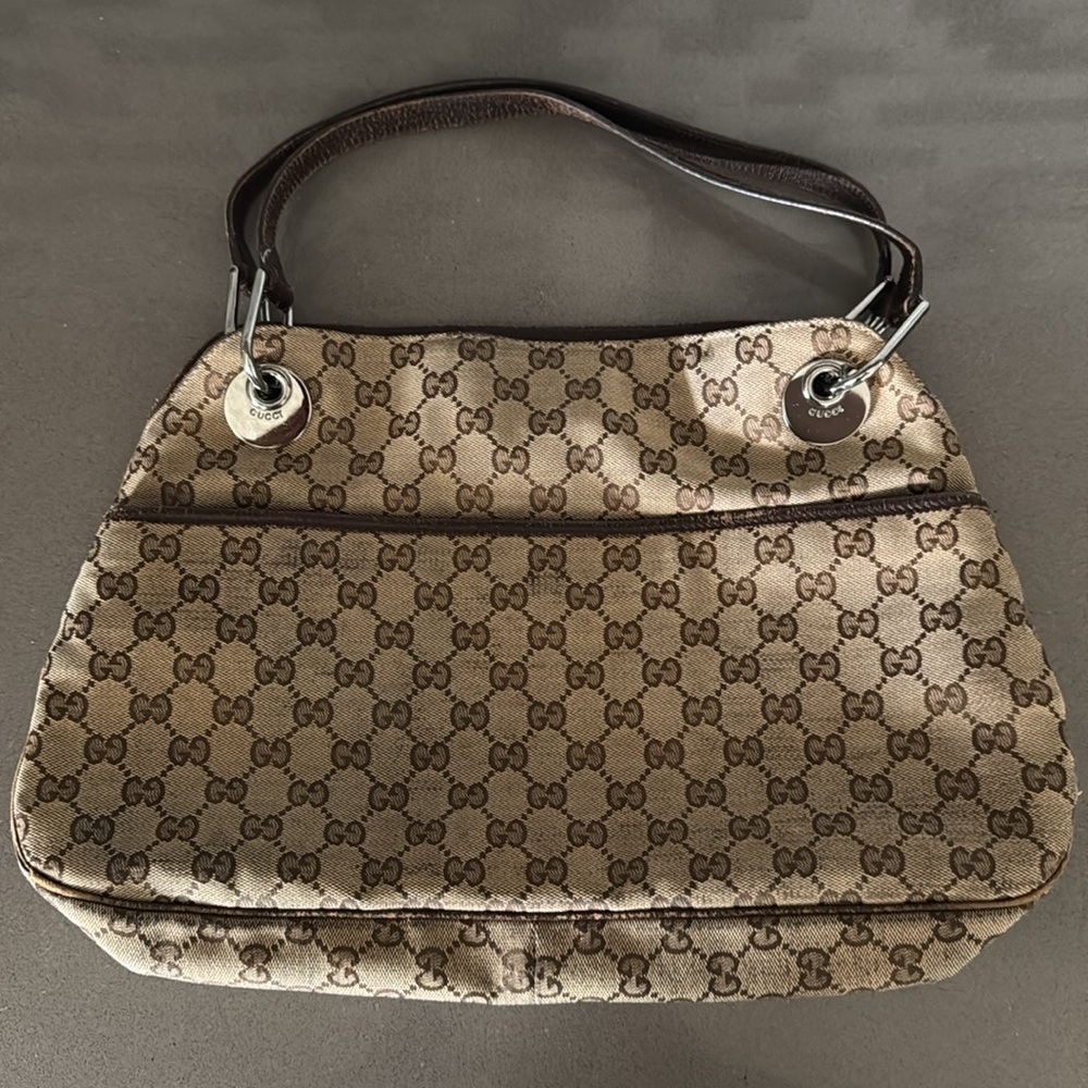 *SOLD*Authentic GUCCI Logo GG Canvas Eclipse Medium Shoulder Bag - Leather Brown - Picture 9 of 15